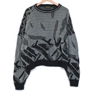 VTG 80s Uniform Code Abstract 3D Knit Sweater Mens XL Gray Black Crew L/S Preppy